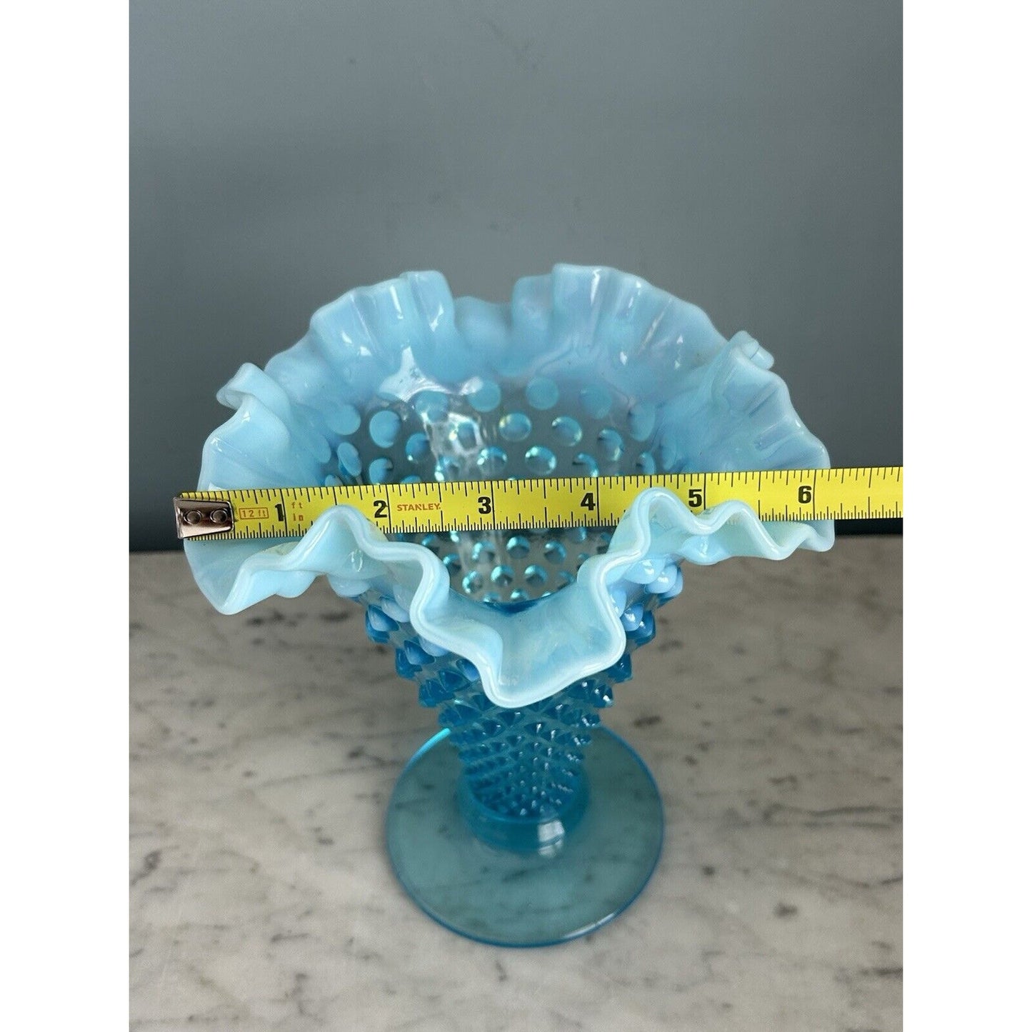 Vintage Fenton Aqua Blue Opalescent Glass Hobnail 8” Ruffled Cone Shaped Vase