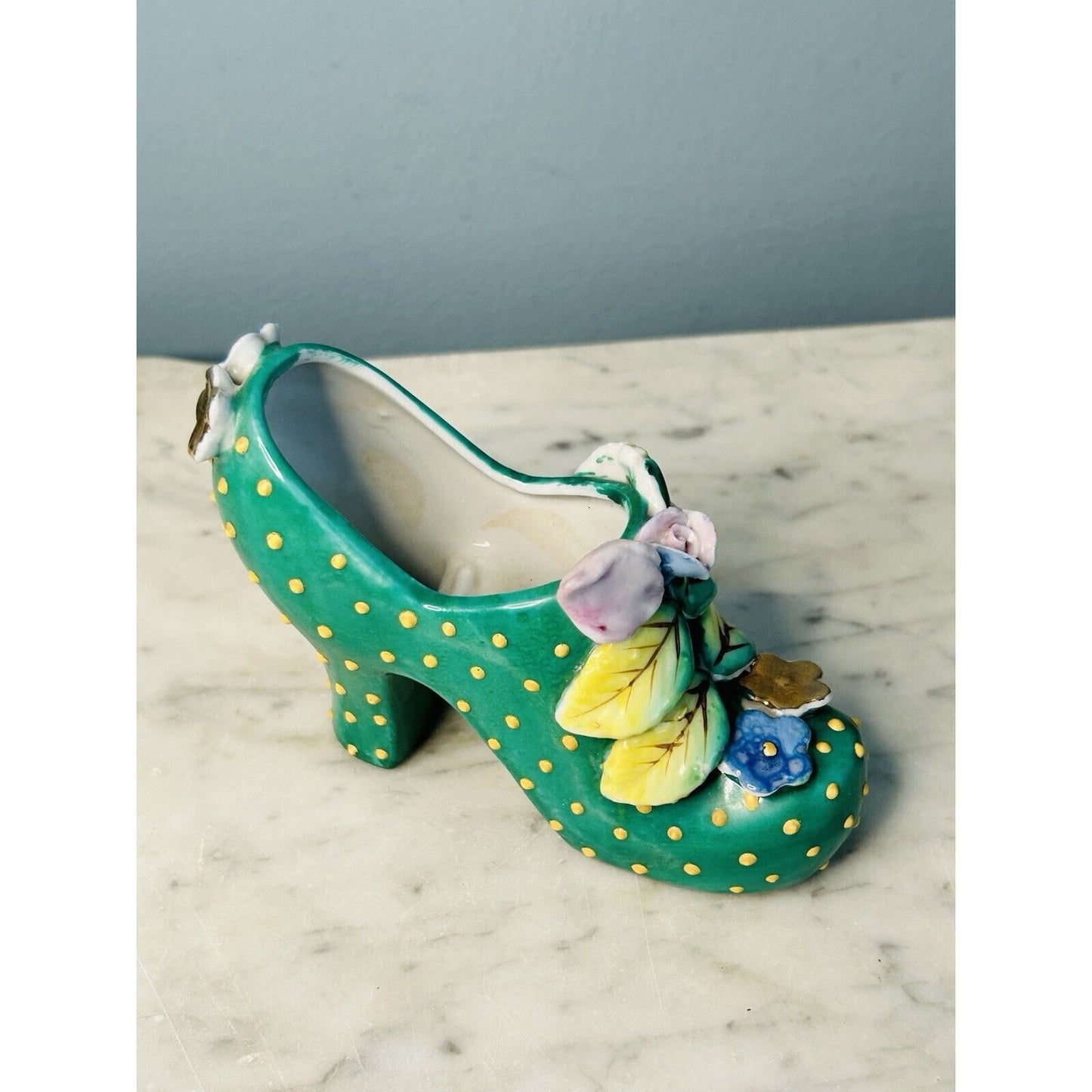 Vintage Hand Painted Shoe High Heel Polka Dots 3D Flowers Leaf Green 4" Japan