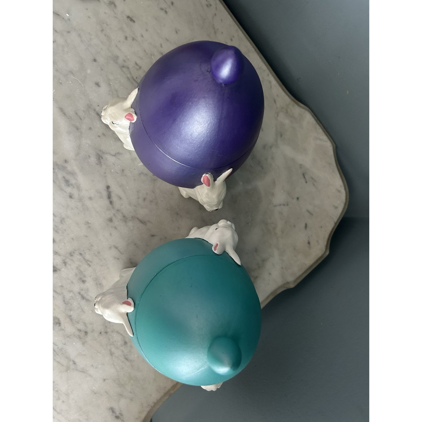 (2) 1960s Ceramic Easter Egg Candy Jar Hand Painted Bunnies Rabbits Purple Teal