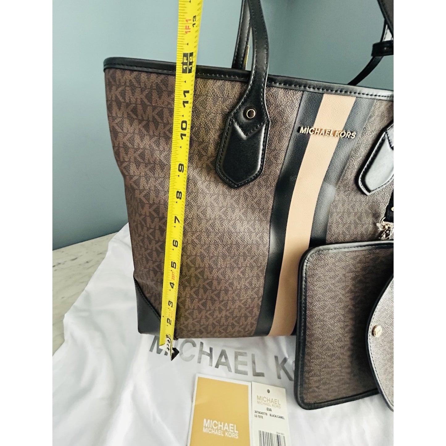 Michael Kors Eva Large Logo Stripe Tote Bag Plus Pouch Black Camel Laptop NWT