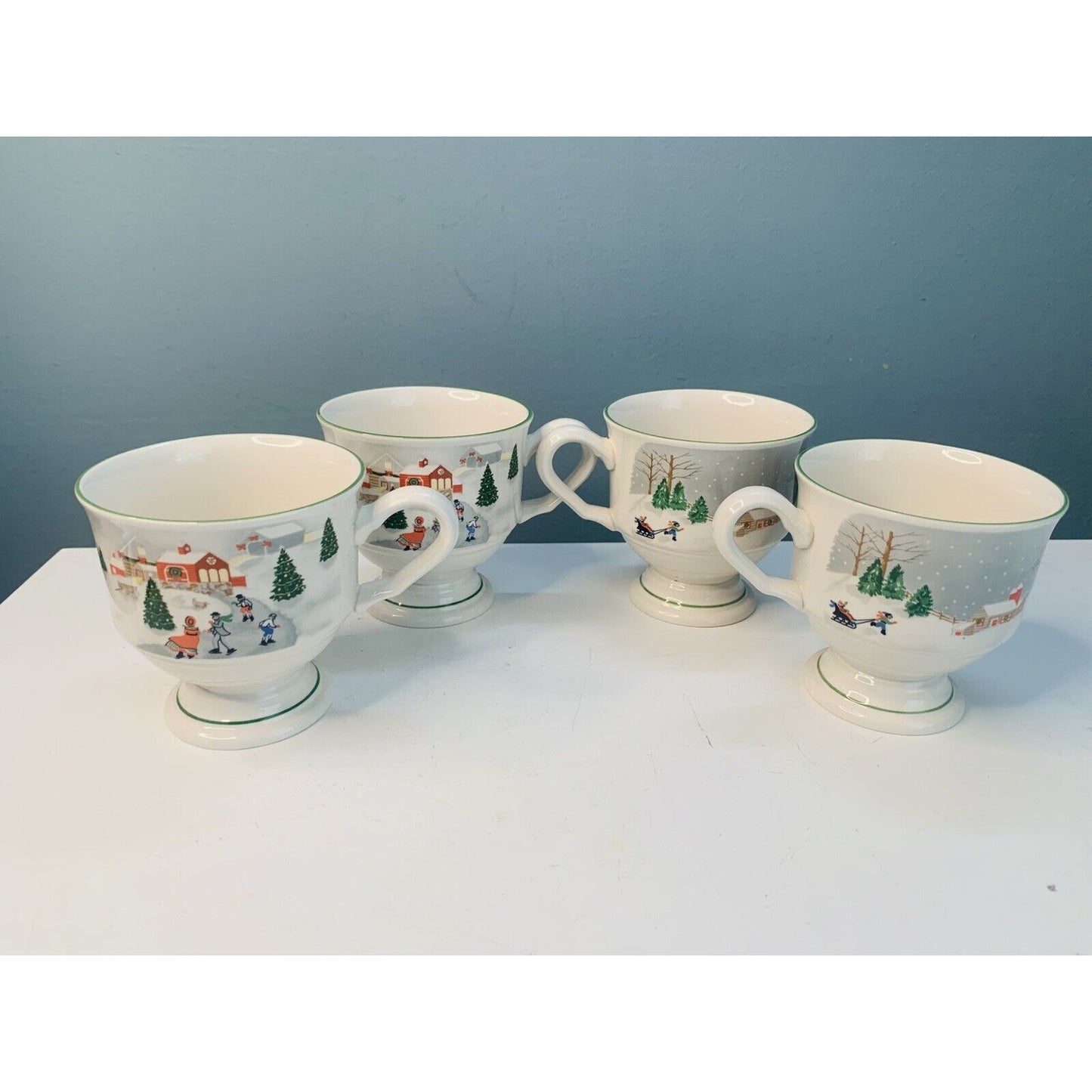 4 Sango Silent Night Footed Coffee Mugs Winter Scenes #3900 Vintage Christmas