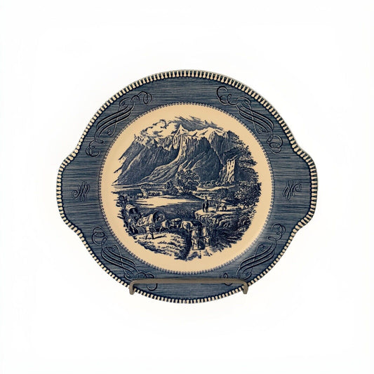 Currier & Ives Cake Plate Blue White Royal The Rocky Mountains Underglaze Print