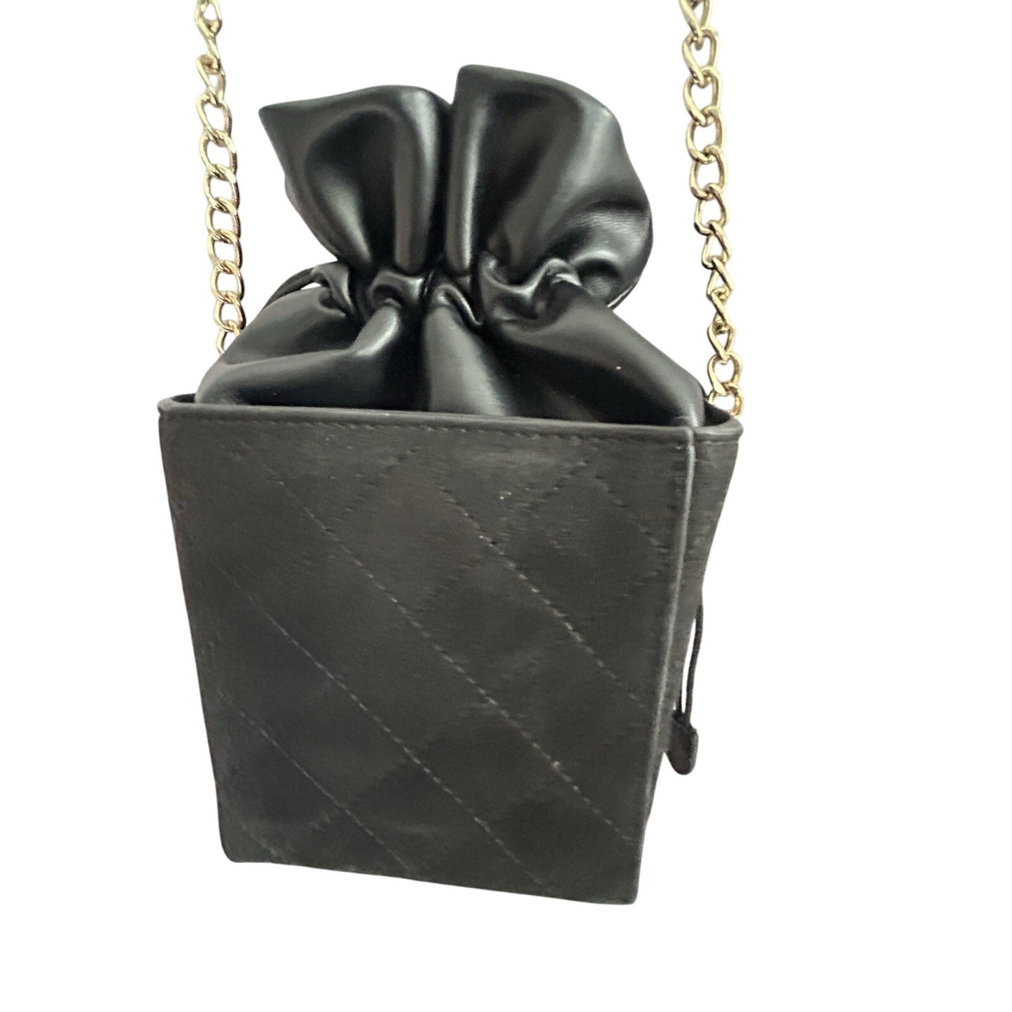 Quilted Mini Drawstring Shoulder Bag Black Pouch Gold Chain Crossbody