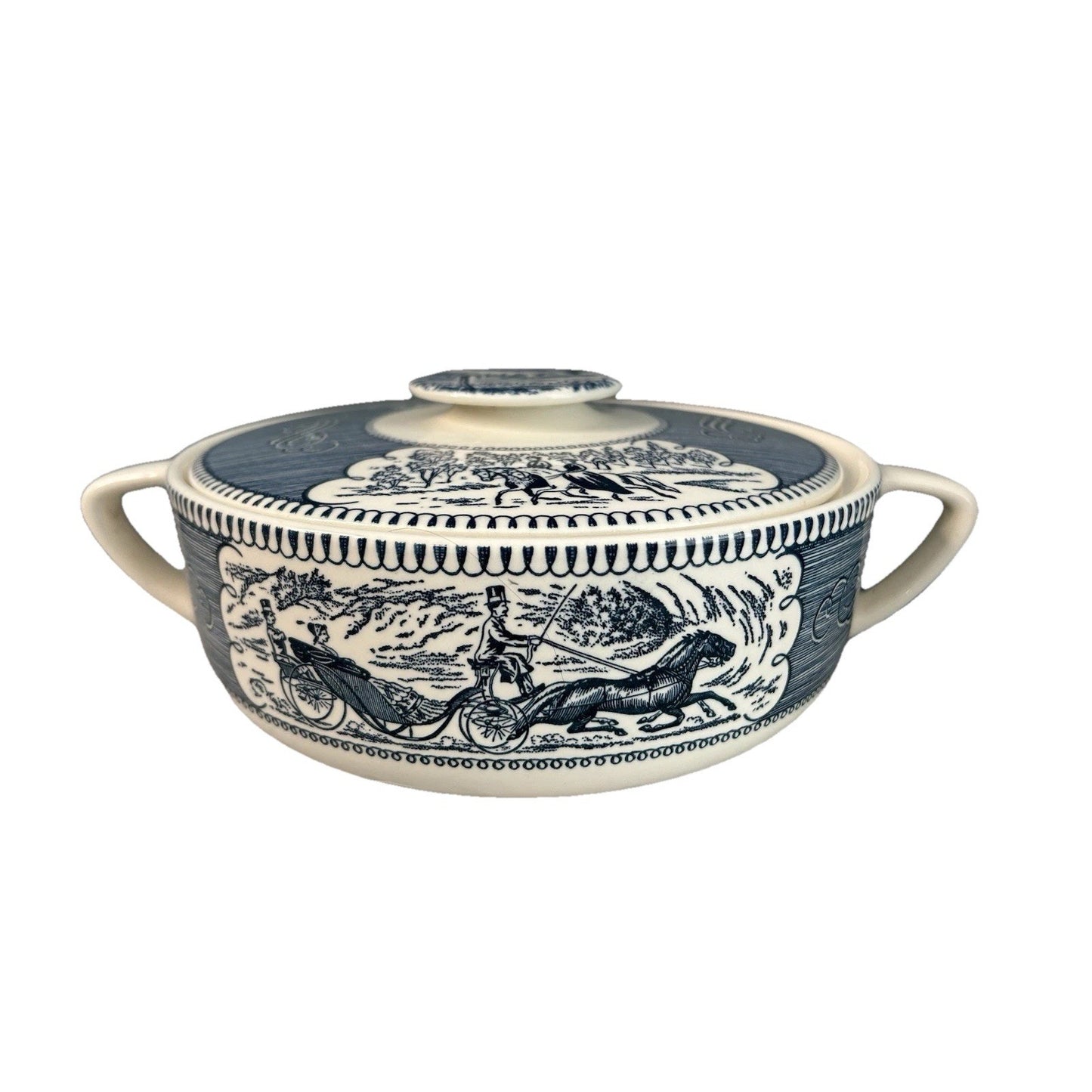 Royal Currier & Ives Blue White Ironstone Covered Casserole Dish Handles Vintage