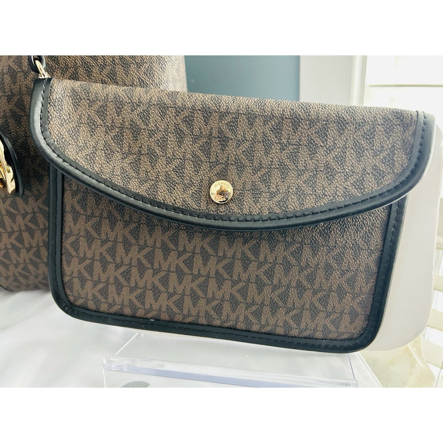 Michael Kors Eva Large Logo Stripe Tote Bag Plus Pouch Black Camel Laptop NWT