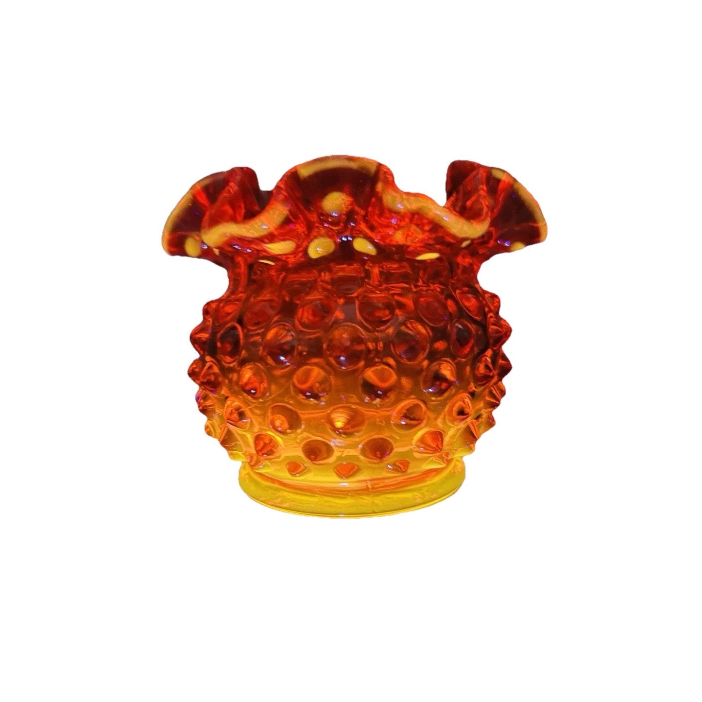 Fenton Amberina Hobnail Glows Small Rose Bowl Ruffle Crimped Orange Glass Vase