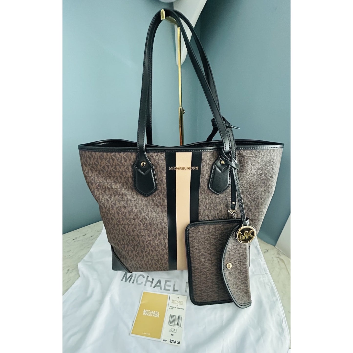 Michael Kors Eva Large Logo Stripe Tote Bag Plus Pouch Black Camel Laptop NWT
