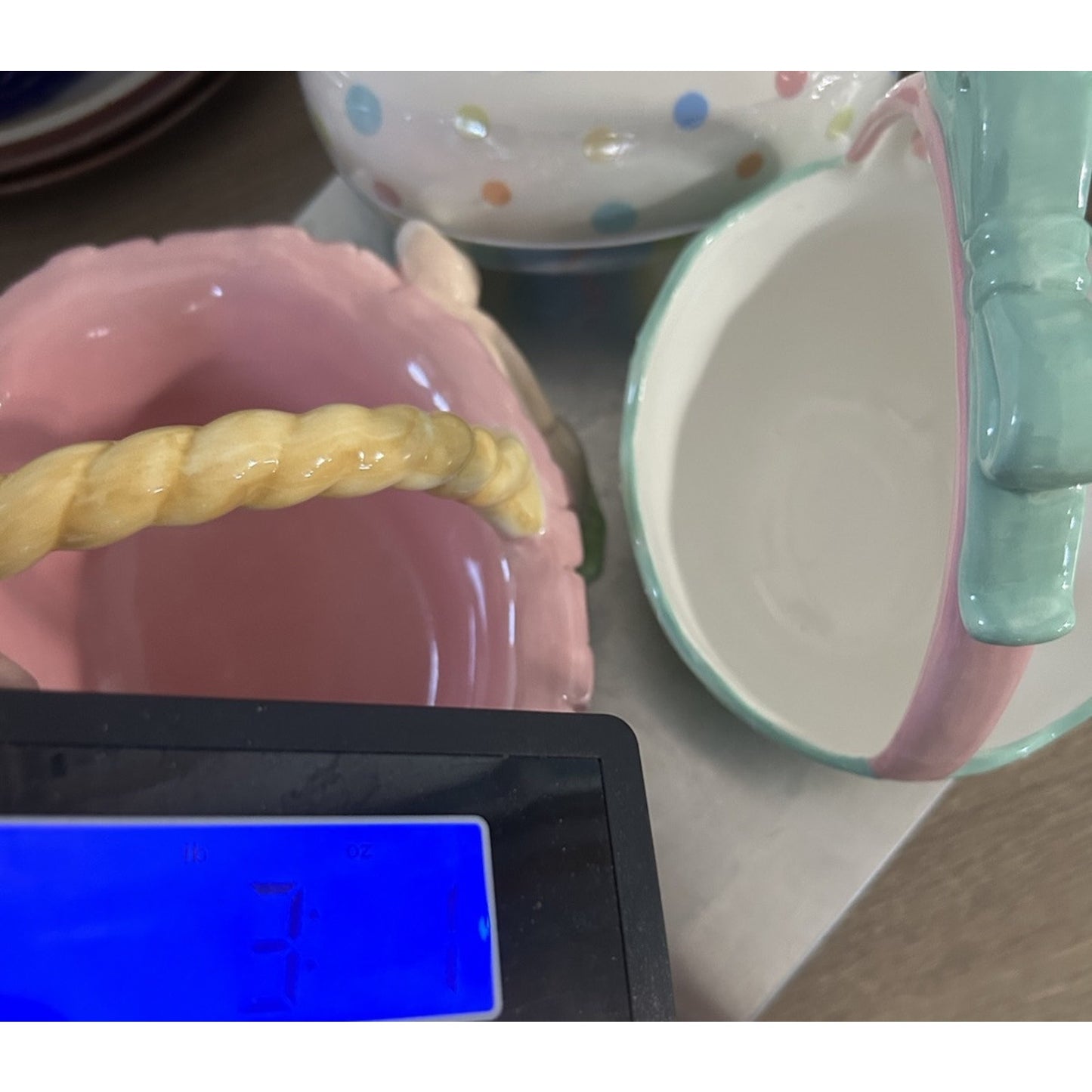 Lot of 3 Ceramic Easter Candy Dishes 2 Baskets and 1 Jelly Bean Lid Dish Bundle