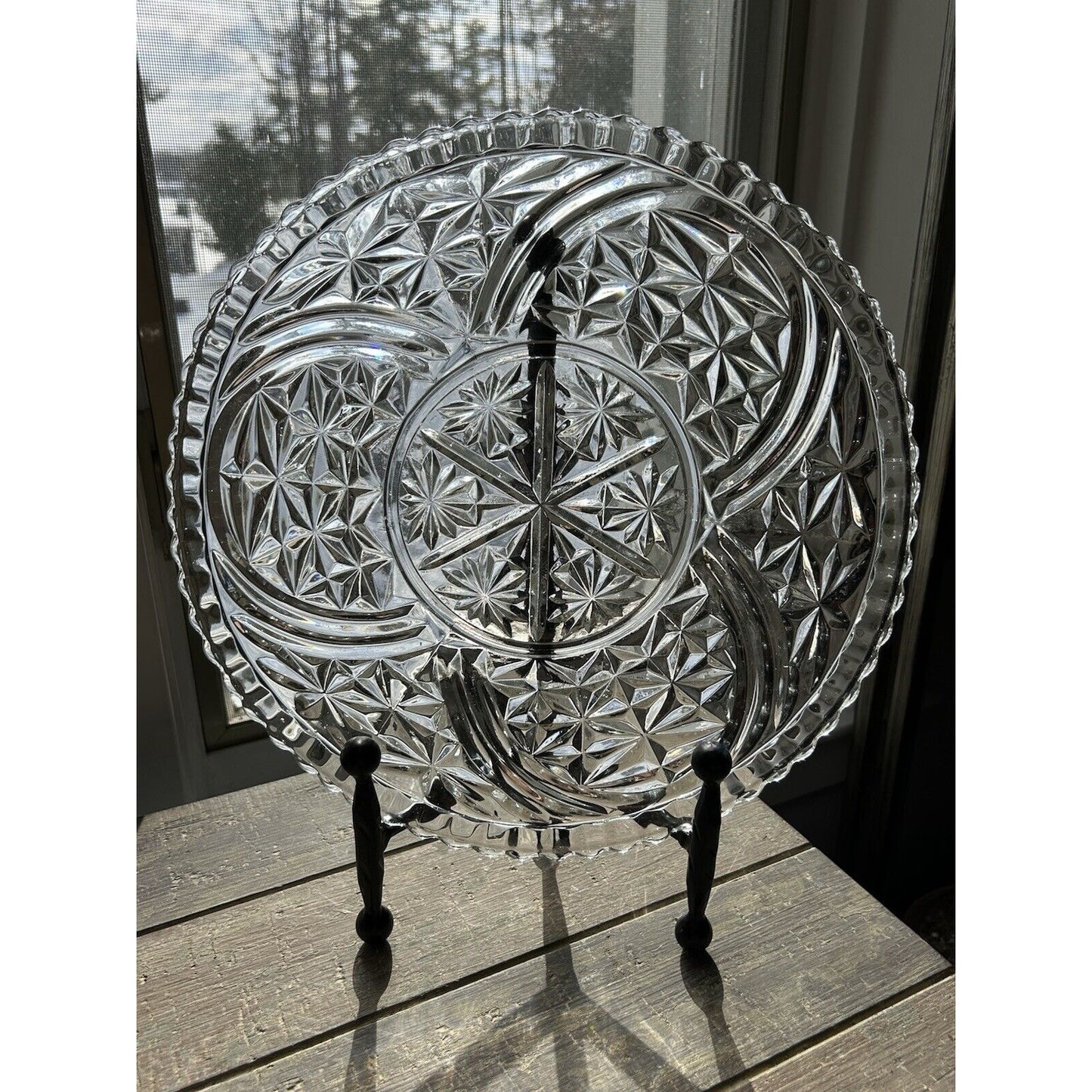 Anchor Hocking Stars and Bars Torte Plate Round Platter Tray Pressed Glass