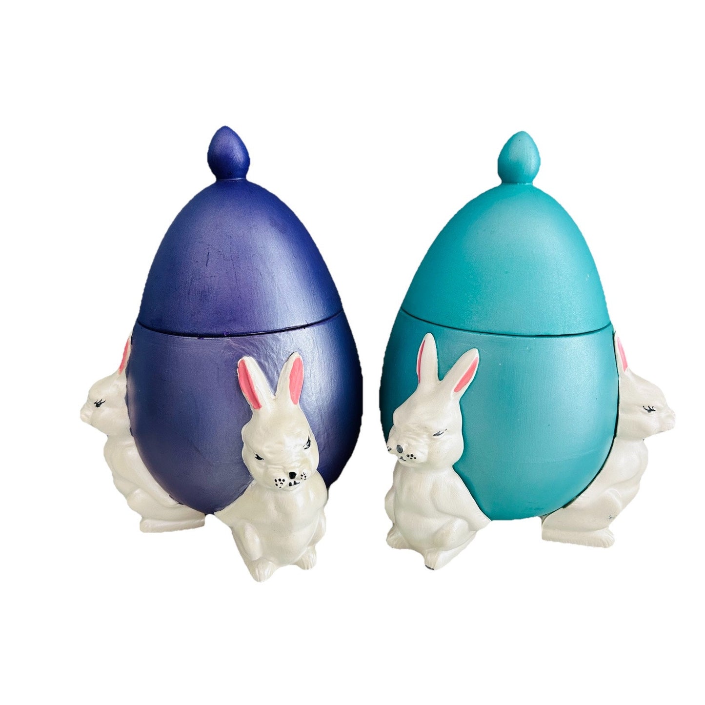 (2) 1960s Ceramic Easter Egg Candy Jar Hand Painted Bunnies Rabbits Purple Teal
